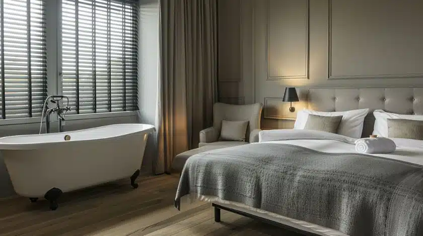 Luxe hotelkamer met vrijstaand bad, comfortabel bed en sfeervolle inrichting door E=MC²