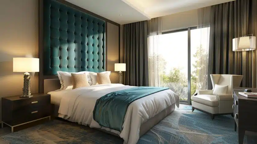 Luxe hotelkamerinrichting met stijlvol bed, fauteuil en sfeervolle verlichting door E=MC²