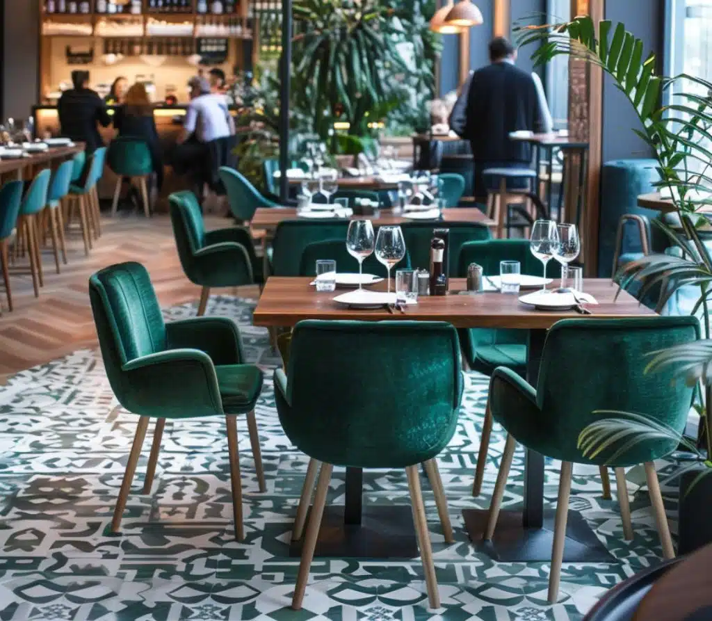 Stijlvolle restaurantinrichting met groene stoelen, gedekte tafels en bar door E=MC²
