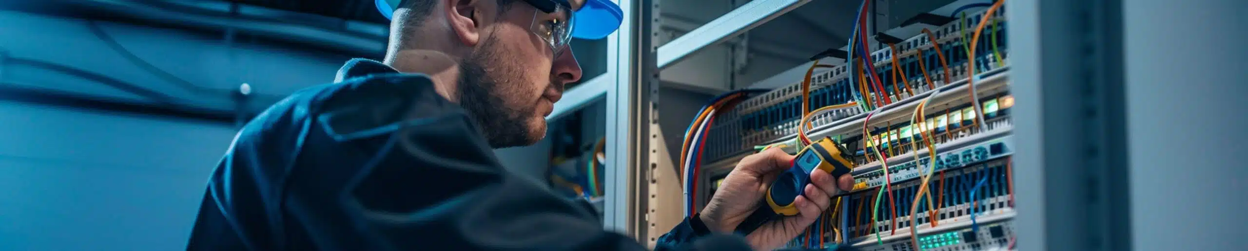 Monteur voert professioneel installatiewerk uit aan serverkast met bedrading en meetapparatuur.