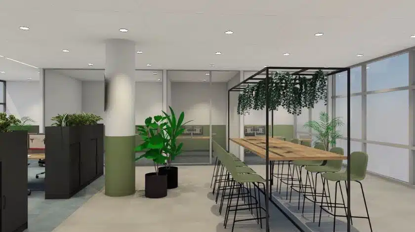 3D kantoorontwerp met hoge vergadertafel, groene planten en moderne inrichting voor een frisse werkomgeving