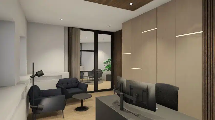 3D ontwerp van een modern directiekantoor met houten kastenwand, werkplek en comfortabele zitgelegenheid
