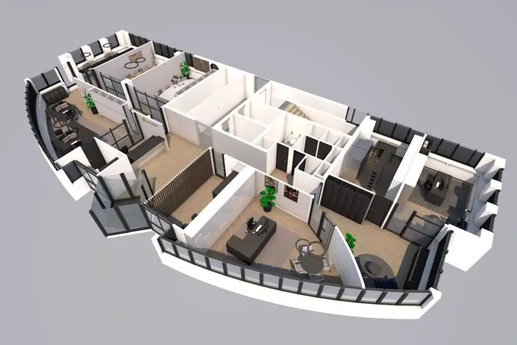 3D kantoorontwerp met realistische visualisatie van moderne werkplekken en vergaderruimtes