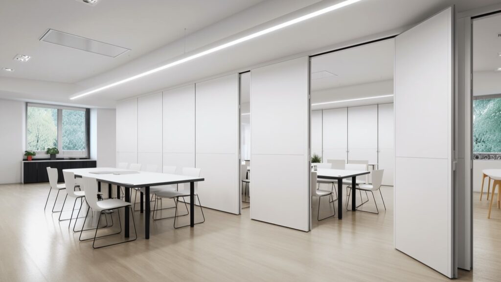 Verplaatsbare paneelwand als flexibele scheidingswand in een modern kantoor, met vergaderruimte aan de ene kant en werkplekken aan de andere