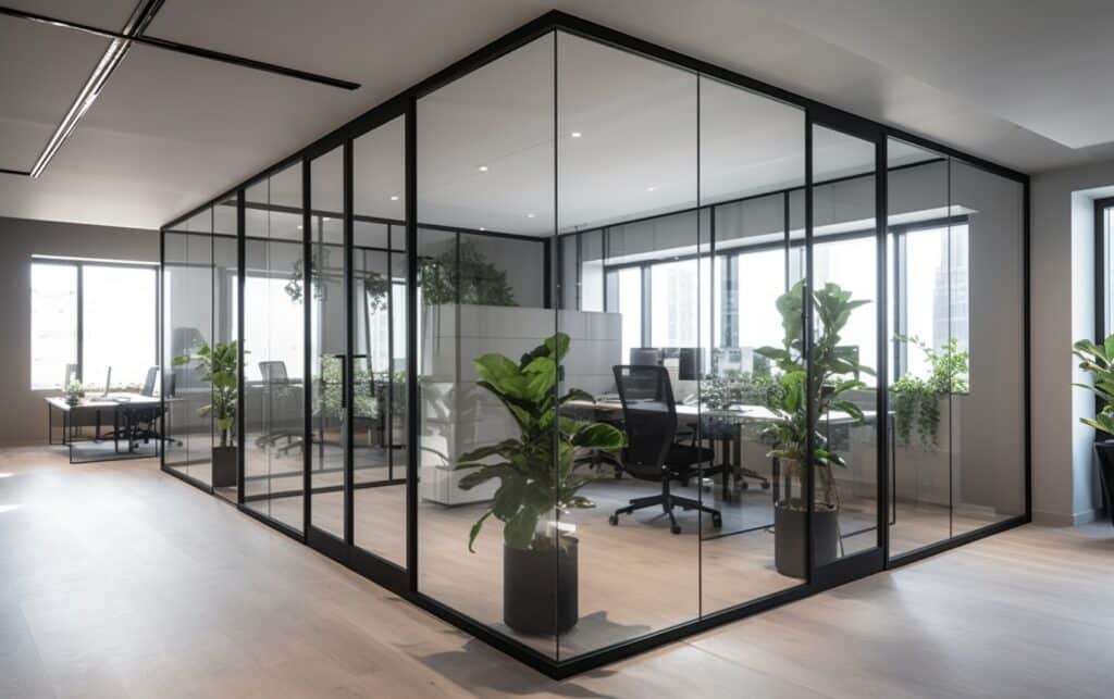Moderne glazen systeemwand als flexibele kantoorindeling met zwarte profielen