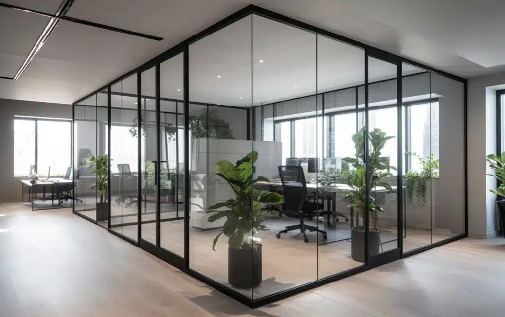 Moderne glazen systeemwand als flexibele kantoorindeling met zwarte profielen