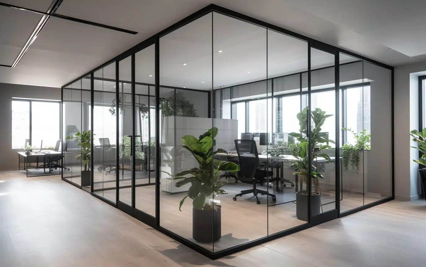 Moderne glazen systeemwand als flexibele kantoorindeling met zwarte profielen