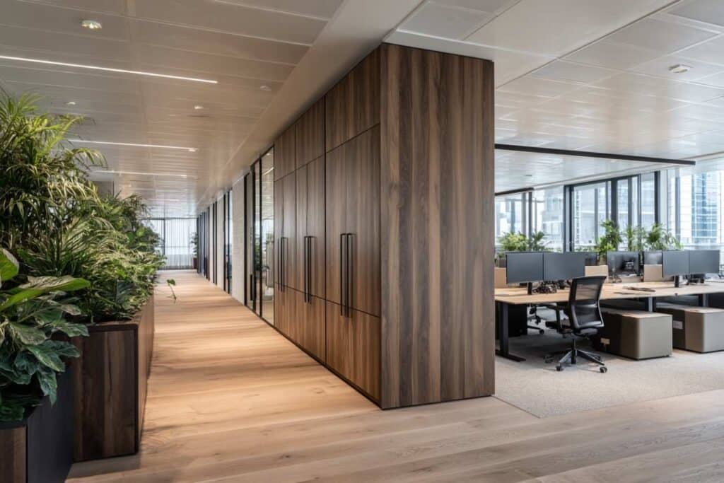 kastenwand van donker hout tot aan het plafond, gebruikt als scheidingswand in een moderne kantoorinrichting met pvc vloerbedekking