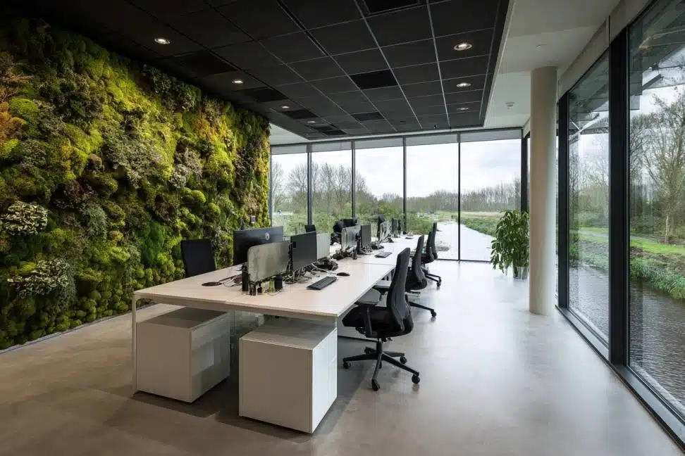 Moderne kantoorruimte met moswand als scheidingswand, witte bureaus, zwarte bureaustoelen en uitzicht op het water