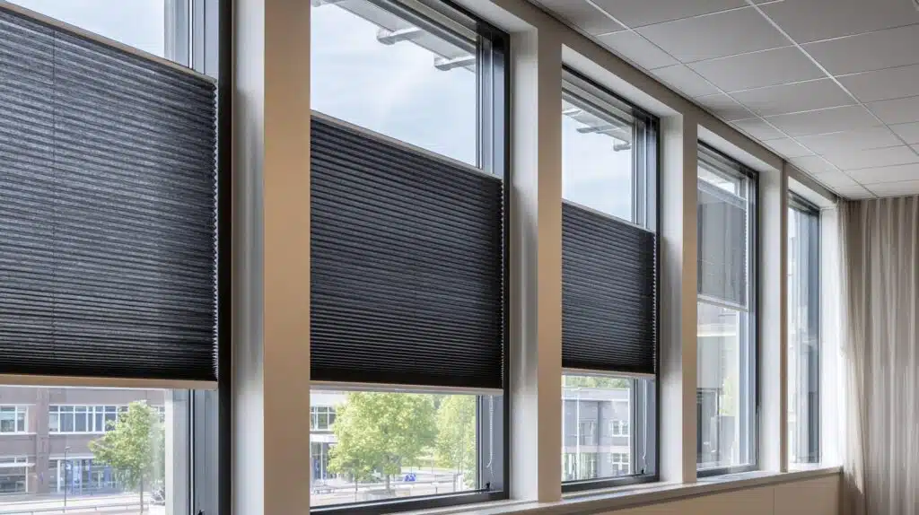 Plisségordijnen zonwering op maat in moderne kantoorruimte