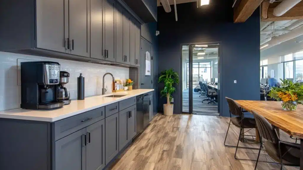 Projectkeuken op maat met koffiecorner in modern kantoorinterieur