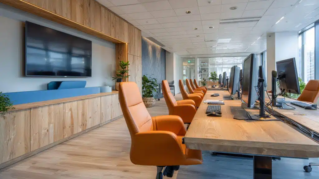 Kantoorruimte met lange houten werktafel, oranje ergonomische stoelen, dubbele monitoren en grote tv aan de wand