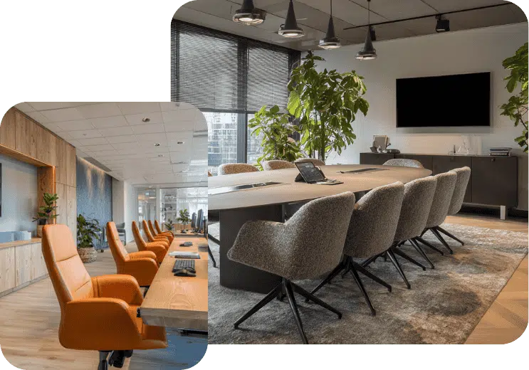 Moderne vergaderruimte met grote tafel, comfortabele bureaustoelen en stijlvolle kantoorinrichting