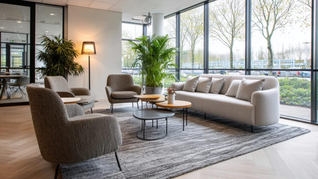 Moderne lounge met comfortabele bank en fauteuils kantoormeubilair voor ontvangst en wachtruimtes