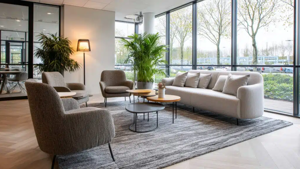 Moderne lounge met comfortabele bank en fauteuils kantoormeubilair voor ontvangst en wachtruimtes