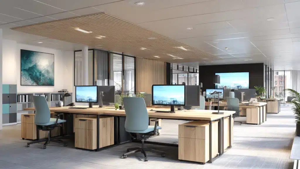 Open kantoorruimte met modern kantoormeubilair, houten bureaus, ergonomische bureaustoelen en dubbele beeldschermen