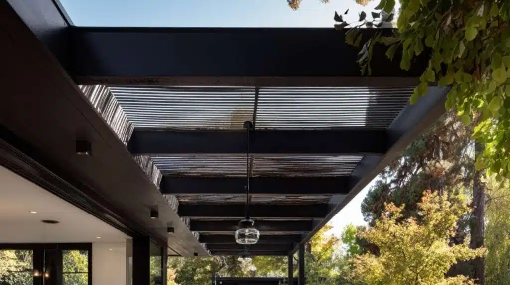 Moderne luifel boven een buitenruimte met een lange tafel en stoelen, omgeven door groen en beton, in een zakelijke setting