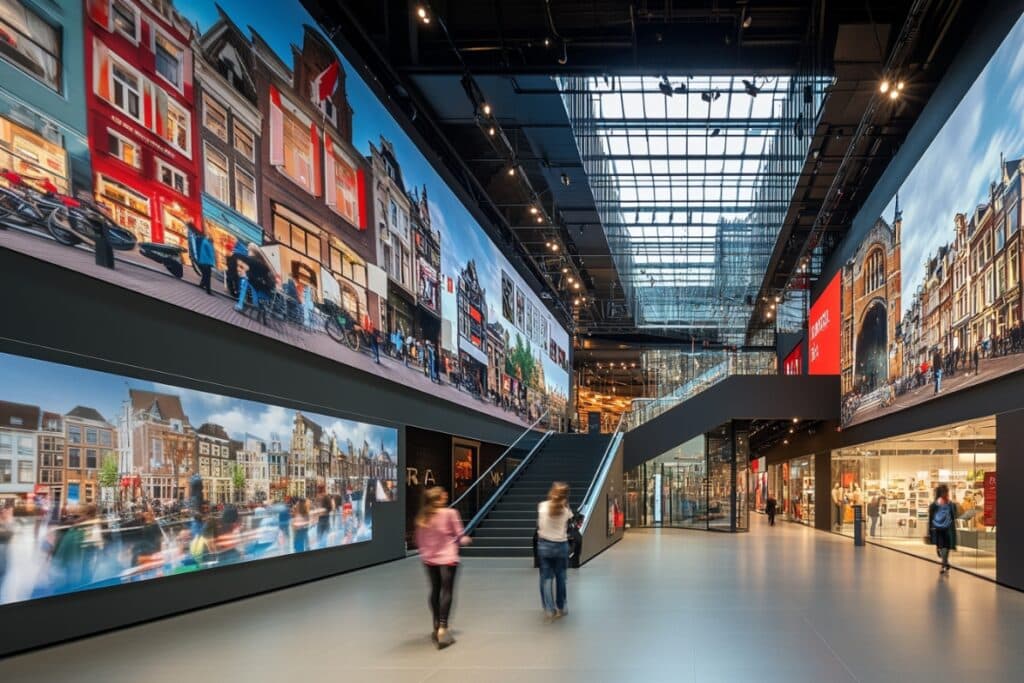 Grote muurvisual in evenementenhal met moderne uitstraling