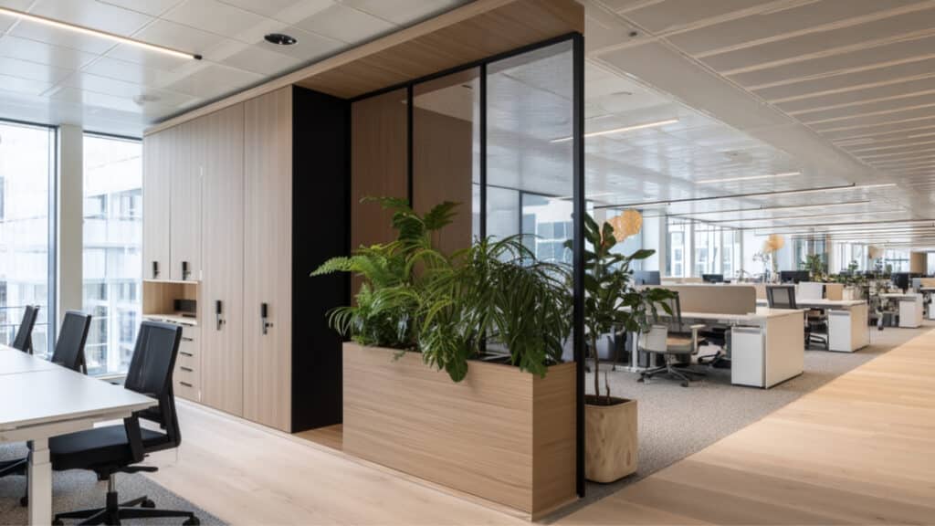 Moderne houten kastenwand met geïntegreerde plantenbak als scheidingswand in open kantoorruimte. Interieurbouw op maat.