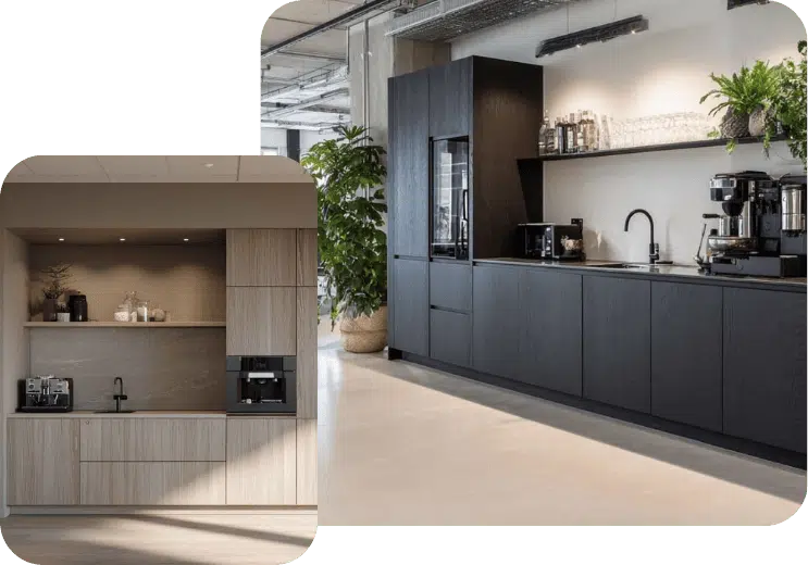 Moderne pantry keuken in kantoor met zwart en houtdesign, voorzien van koffieautomaat en op maat gemaakt door E=MC²