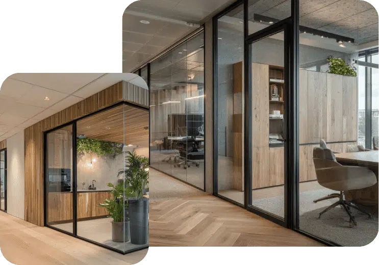 Glazen scheidingswanden en systeemwanden in een modern kantoorinterieur met houtaccenten