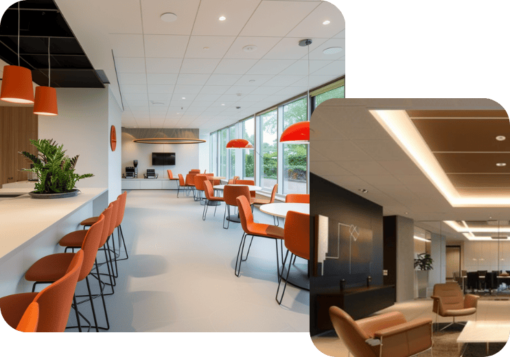 Systeemplafond toegepast in bedrijfsrestaurant en moderne kantoorruimte