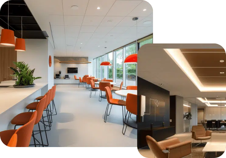 Systeemplafond toegepast in bedrijfsrestaurant en moderne kantoorruimte