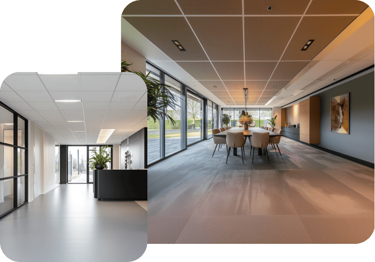 Systeemplafonds in moderne kantoorruimtes met entree en vergaderruimte