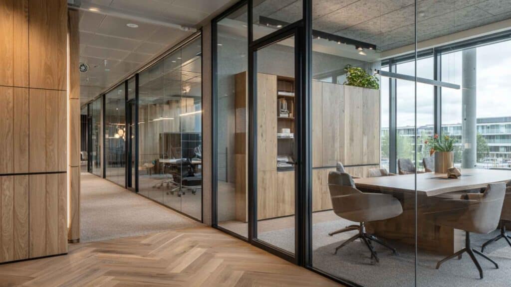 Luxe glazen systeemwand met zwarte profielen en houten afwerking in modern directiekantoor, voor een open en professionele uitstraling.