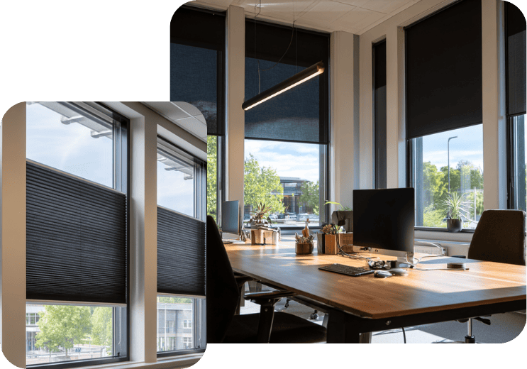 Zonwering op maat in moderne kantoorruimte met veel daglicht