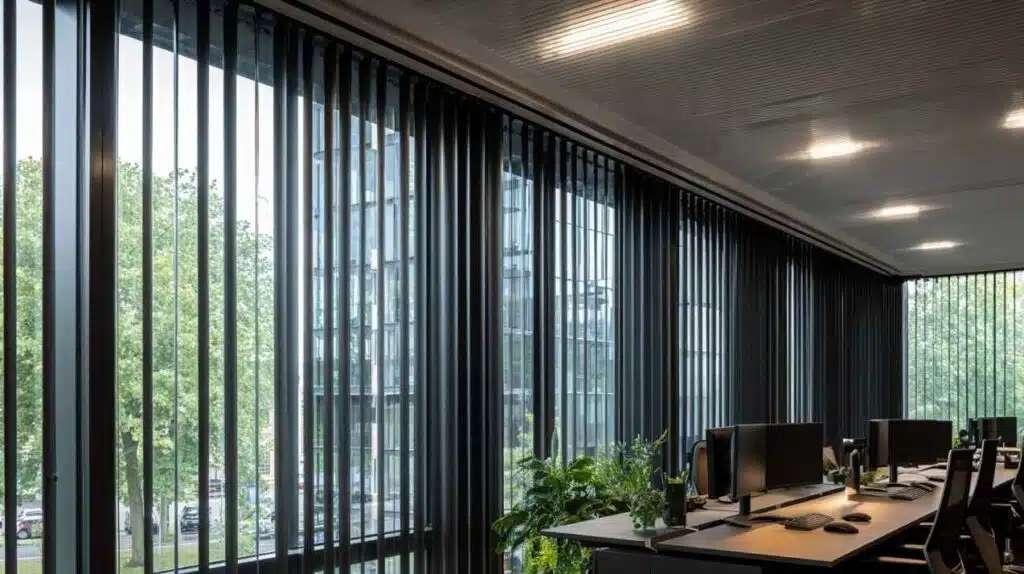 Verticale lamellen zonwering op maat in kantoorruimte