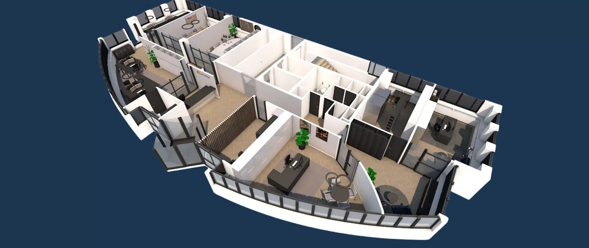 3D ontwerp van een modern kantoor met werkplekken, vergaderruimtes en ontvangstbalie, realistische visualisatie van kantoorinrichting
