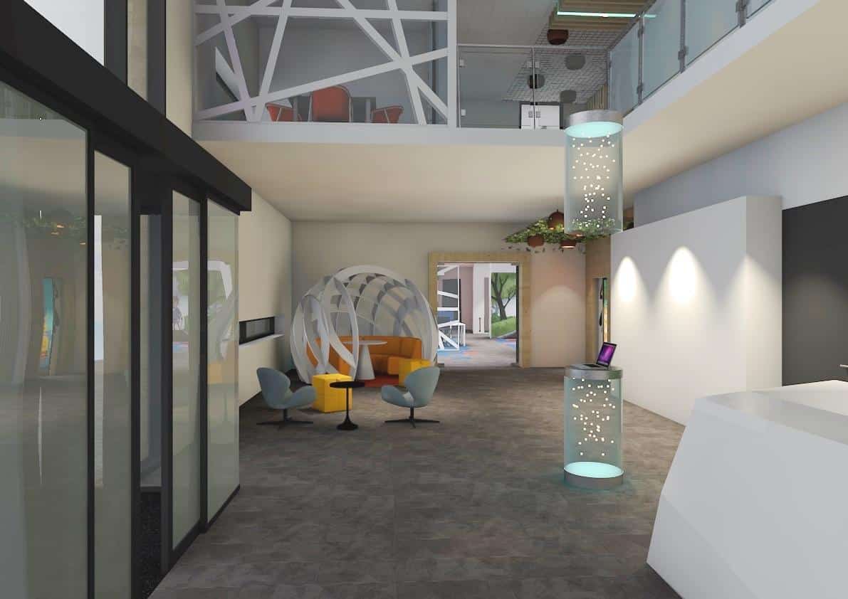 3D ontwerp van een moderne ontvangsthal met zithoek, design verlichting en speels interieurontwerp