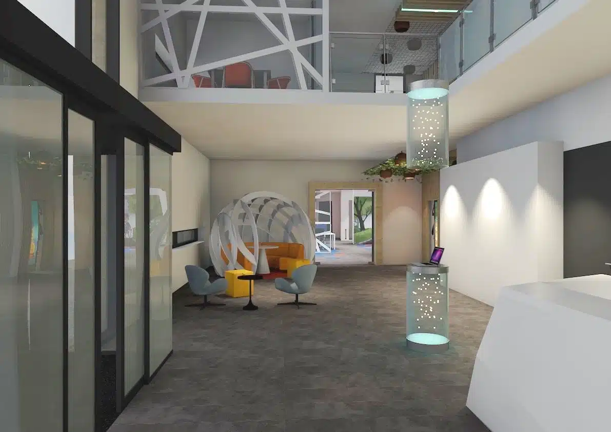 3D ontwerp van een moderne ontvangsthal met zithoek, design verlichting en speels interieurontwerp