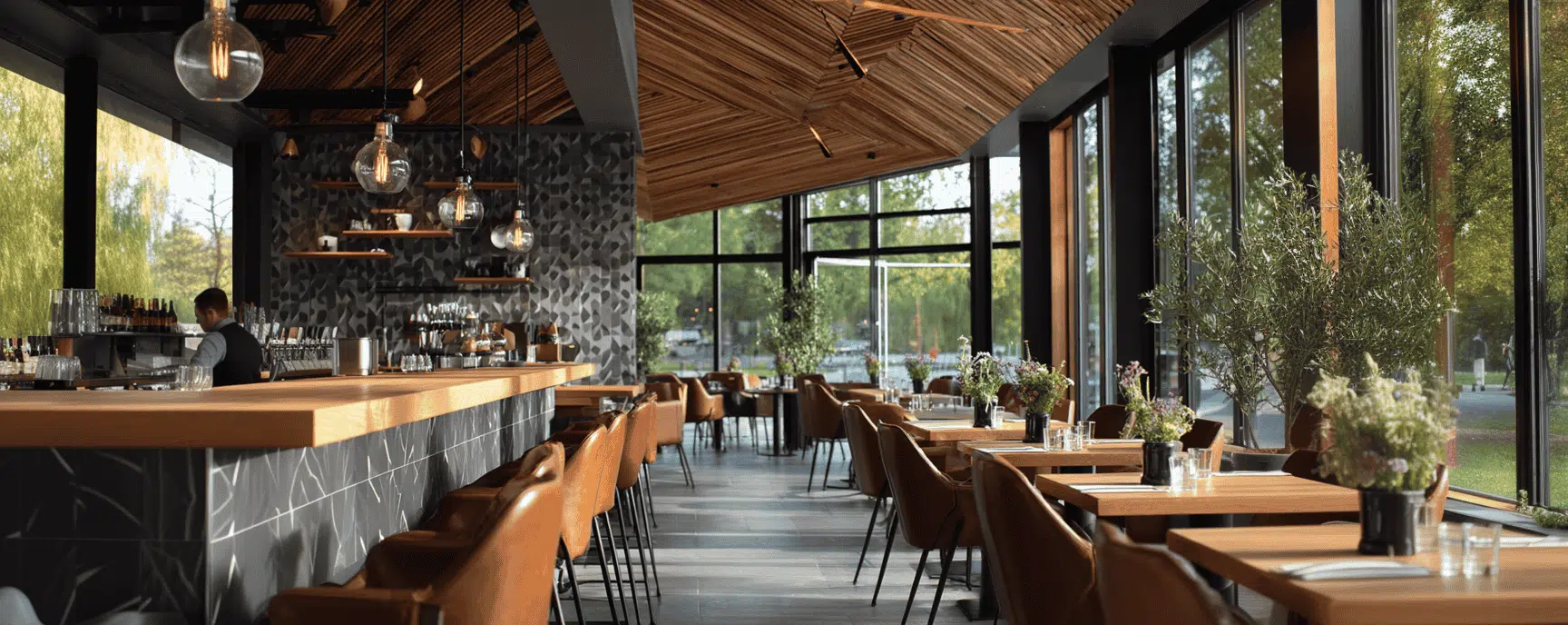 Modern hotel- en horecainterieur met houten bar, stijlvolle verlichting en grote ramen