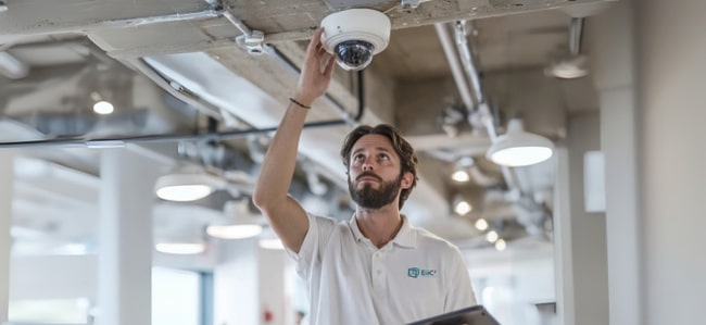 Monteur installeert beveiligingscamera in modern kantoorpand voor optimale veiligheid en toezicht.