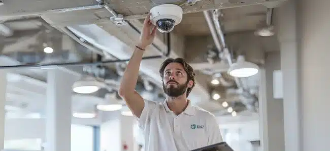 Monteur installeert beveiligingscamera in modern kantoorpand voor optimale veiligheid en toezicht.