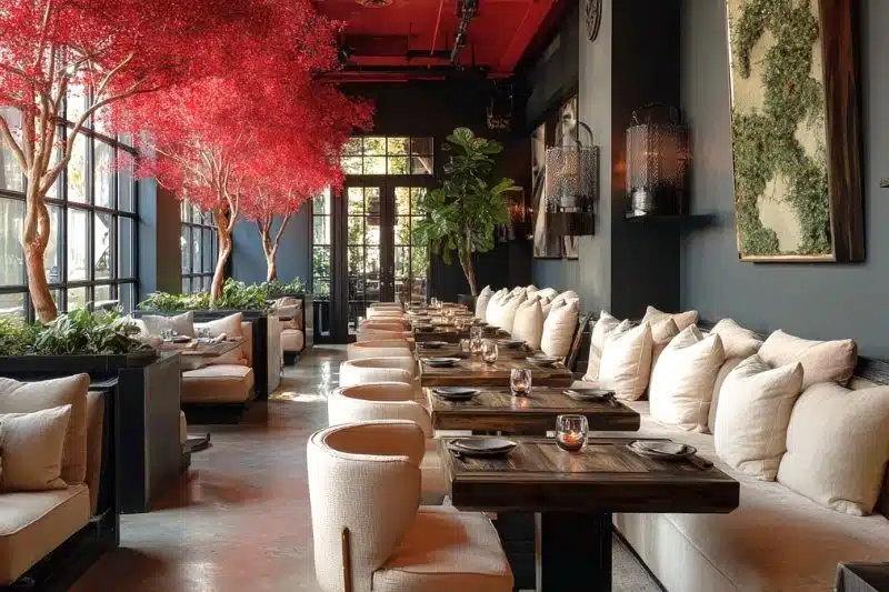 Luxe restaurantinrichting met rode boom, sfeervolle verlichting en comfortabele zitplekken