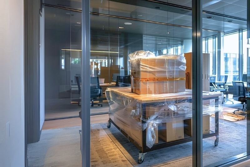 Verhuisde kantoormeubelen en dozen netjes ingepakt met folie in modern kantoorinterieur