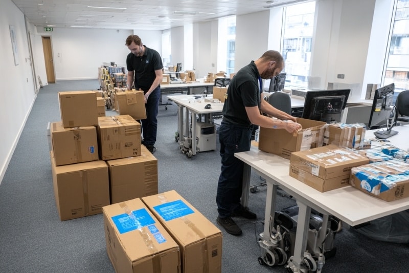 Twee medewerkers verpakken verhuisdozen in een modern kantoor voor een zakelijke verhuizing
