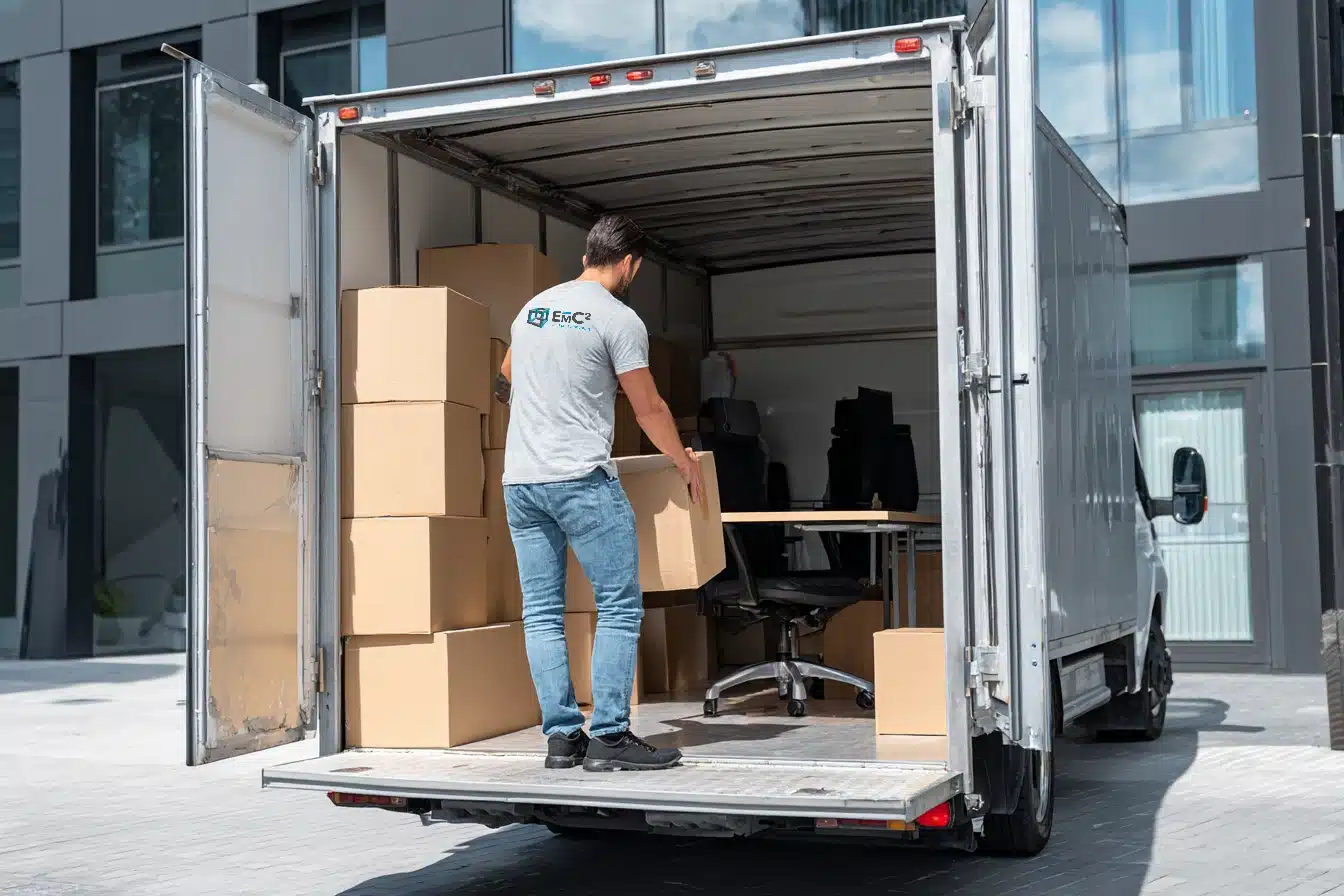 Medewerker van E=MC² laadt verhuisdozen in een vrachtwagen tijdens een zakelijke verhuizing