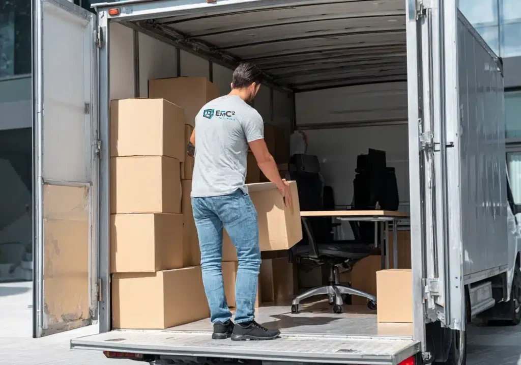 Medewerker van E=MC² bezig met kantoorverhuizing en laden van dozen in verhuiswagen